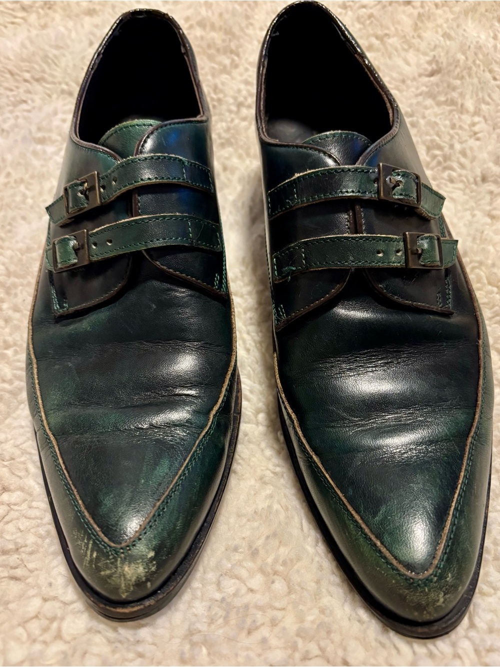 Double Monk Strap Pointed Flats in Dark Green Emerald Leather Made in Italy
